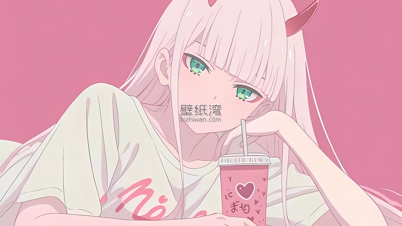粉色背景白色头发的动漫女孩手拿奶茶，4K高清电脑壁纸
