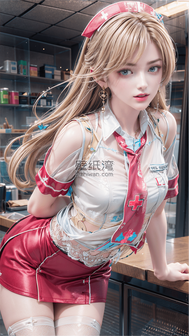 动漫女孩 护士装 红色短裙皮裤女孩在咖啡店 1152*2048壁纸图片