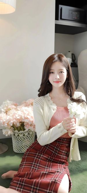 身穿粉色上衣和格子裙的美女拿着白色花朵 825*1832壁纸图片