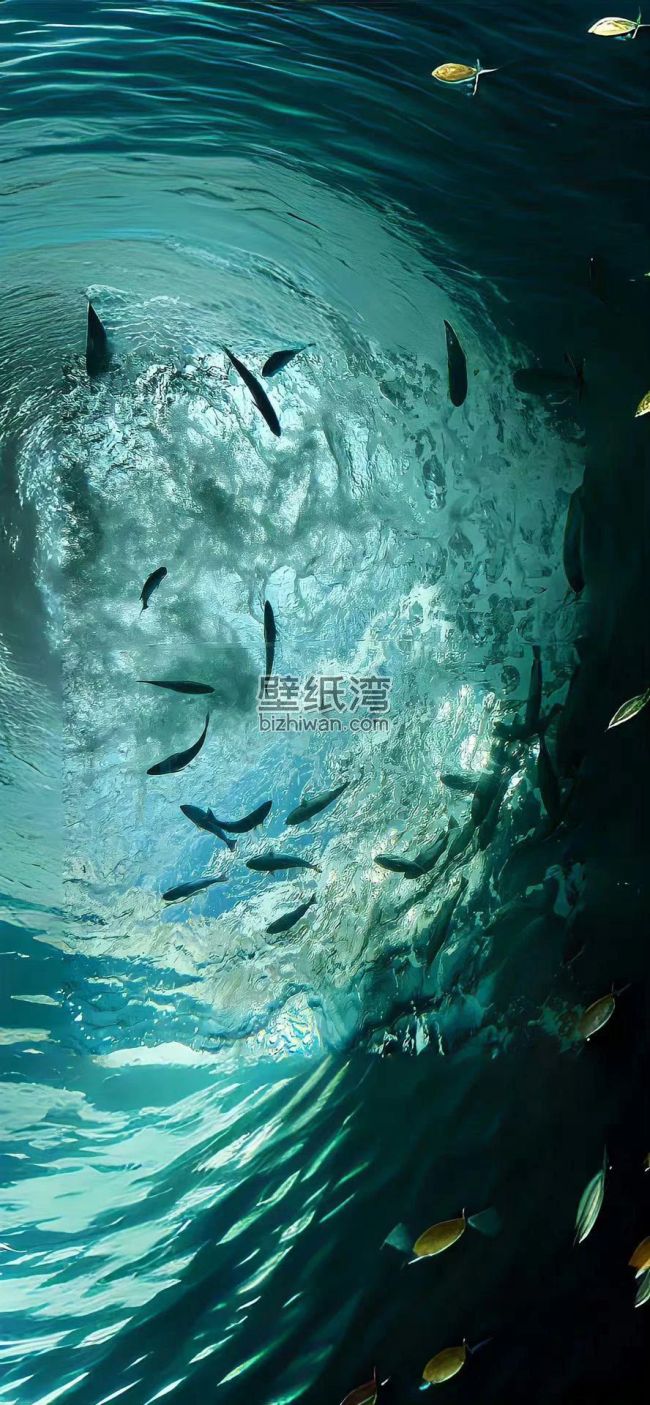 海底视角拍摄的鱼群在海浪中游动 手机壁纸