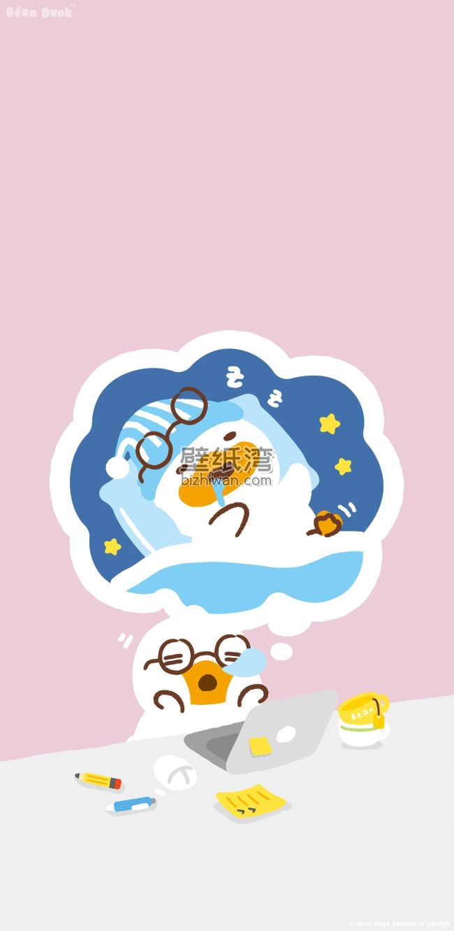 卡通鸭子在书桌前睡觉，梦境中戴着眼镜看书 1422*2913图片壁纸