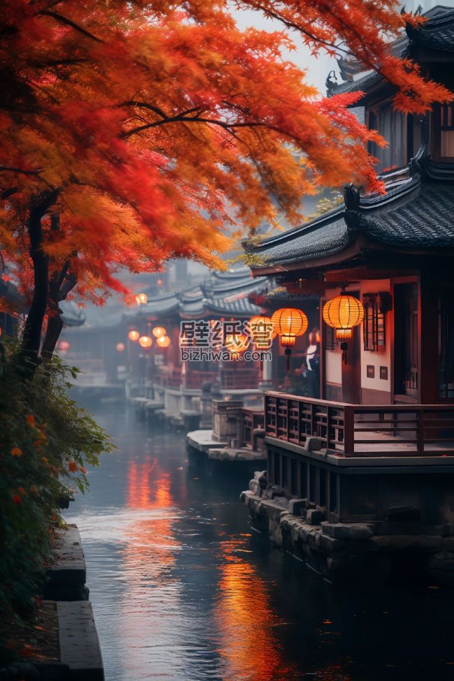 秋天的江南水乡，红叶映衬古建筑与灯笼
