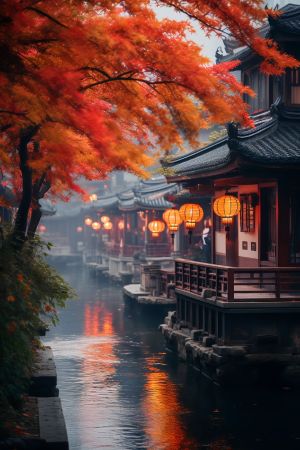 秋天的江南水乡，红叶映衬古建筑与灯笼