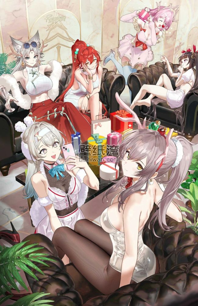 一群动漫女孩在室内聚会，周围摆放着礼物和装饰品