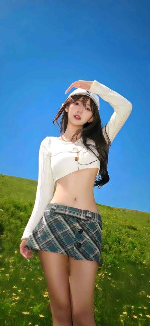 苗条性感美女在绿草如茵的田野中穿着白色上衣和格子短裙
