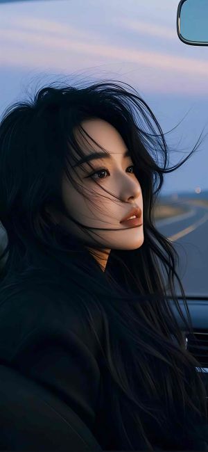车内美女侧脸特写，黄昏天空和公路，手机壁纸图片