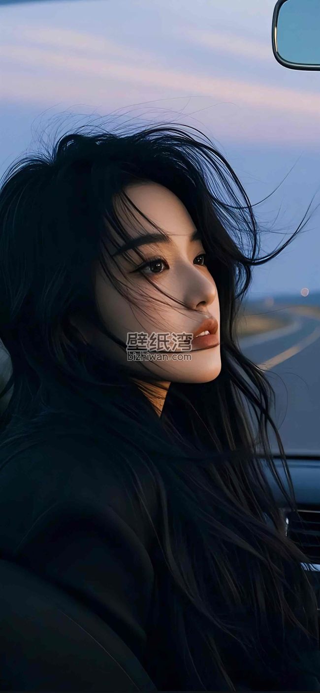 车内美女侧脸特写，黄昏天空和公路，手机壁纸图片