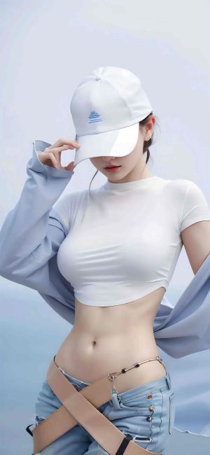 穿着白色上衣和牛仔裤的美女，戴着白色帽子，高清手机壁纸