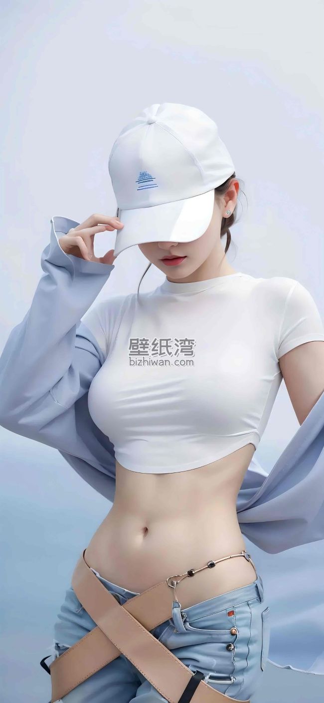 穿着白色上衣和牛仔裤的美女，戴着白色帽子，高清手机壁纸