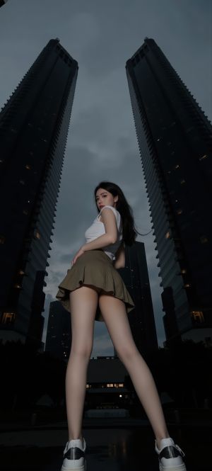 城市高楼间站着的长腿短裙美女 图片壁纸
