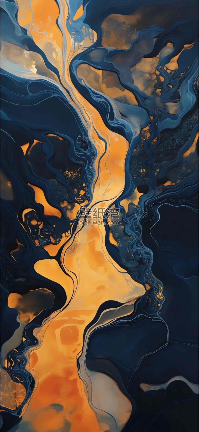 抽象艺术作品，黄色与蓝色交织的流动图案壁纸