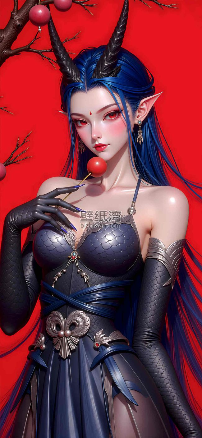 蓝发龙女敖闰拿着糖葫芦，红色背景图片壁纸