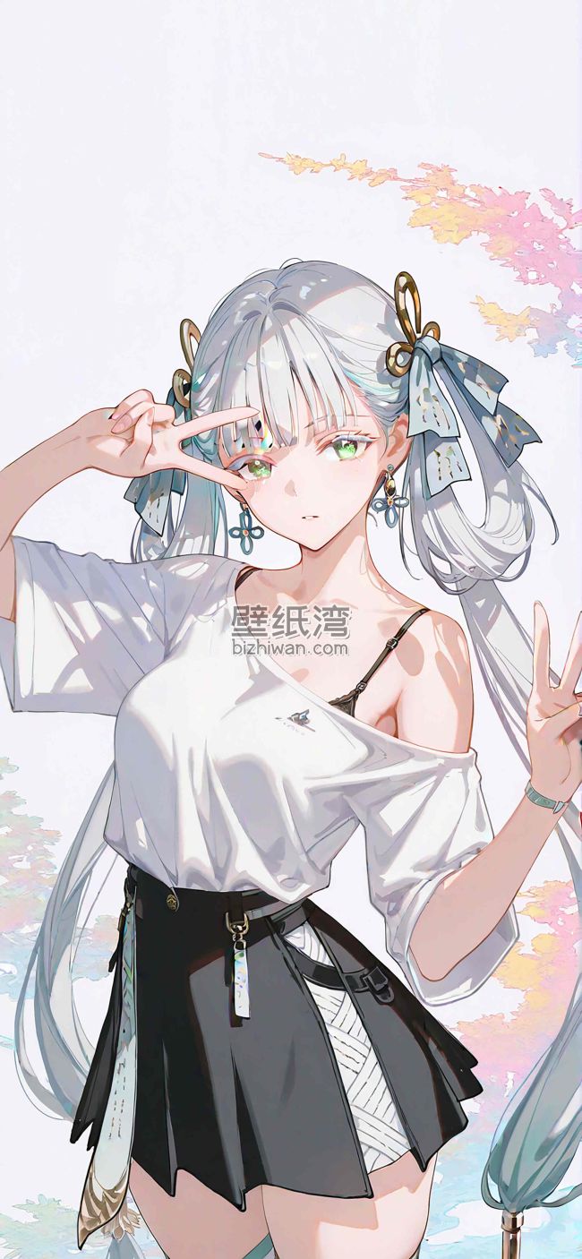 动漫女孩穿着白色上衣和黑色短裙