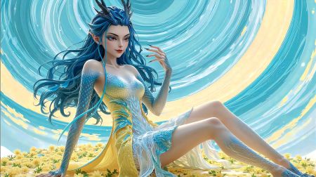 哪吒2敖闰坐在黄色花海中 旋转的蓝黄漩涡 4K电脑壁纸