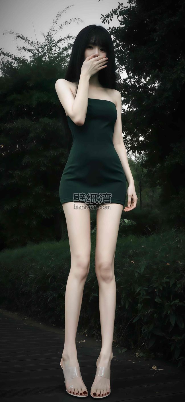 穿着绿色连衣裙的长腿美女站在户外，手遮住嘴巴 手机壁纸