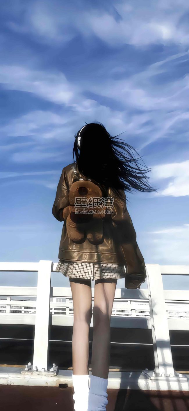 女孩背影，毛绒玩具，蓝天白云和建筑物，手机壁纸