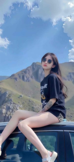 美女坐在车顶上，身后是蓝天和山脉，4K手机壁纸图片