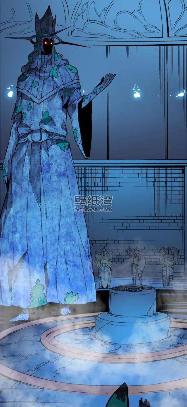 《我独自升级》神秘人物站在祭坛前，身穿蓝色长袍，室内建筑