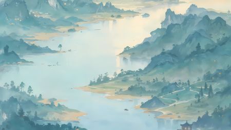 中国风山水画中的湖光山色，远处有小船和建筑，4K高清电脑壁纸