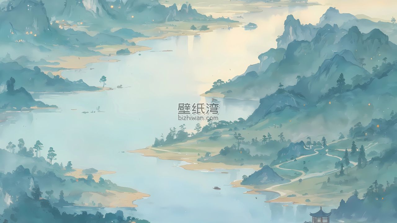 中国风山水画中的湖光山色，远处有小船和建筑，4K高清电脑壁纸