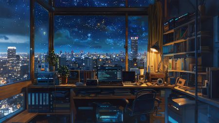 夜晚的城市景观与室内电脑桌工作空间 6K高清电脑壁纸