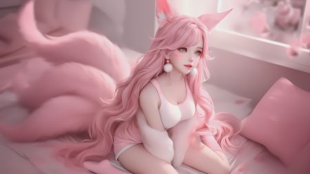 粉色长发的动漫美女坐在床上，狐狸尾巴狐耳，粉色九尾妖狐，4K电脑桌面壁纸