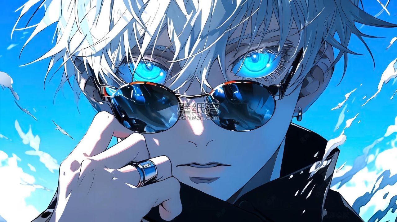 动漫男生戴着墨镜，蓝色眼睛，银色头发 4K壁纸
