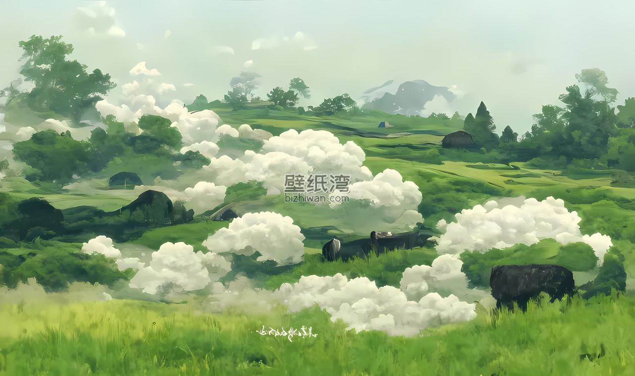 漫画风大草原，牛群在绿草如茵的山坡上悠闲地吃草，电脑壁纸