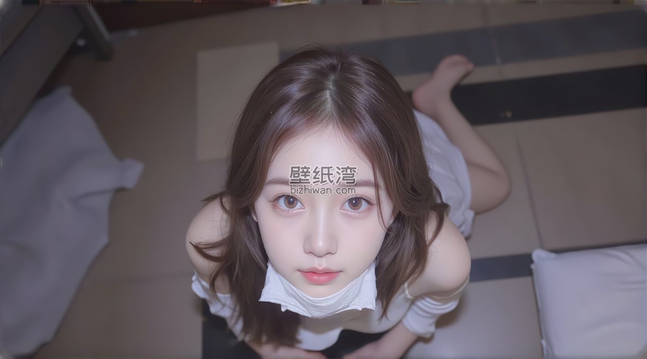 美女女仆装趴在地上抬头，白色衣服，4K高清电脑壁纸