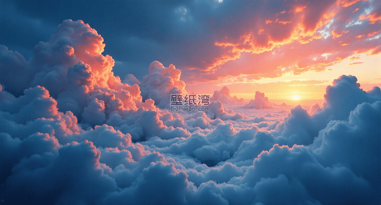 日落时分的云海景象，天空被染成橙红色，云朵层层叠叠，电脑壁纸下载