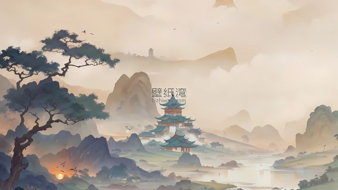 山水环绕的古塔建筑，松树、仙鹤 4K电脑壁纸