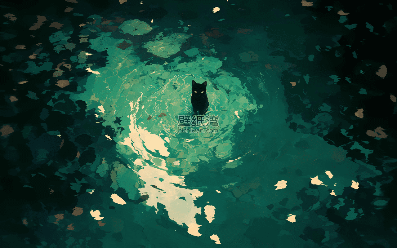 一只猫站在绿色水面上，周围是波纹和漂浮的树叶，插画风格2K电脑壁纸下载