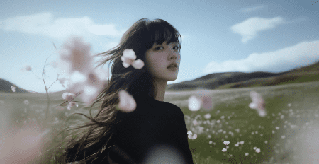 长发美女站在开满粉色花朵的田野中 蓝天和绿色的山丘 4K电脑壁纸