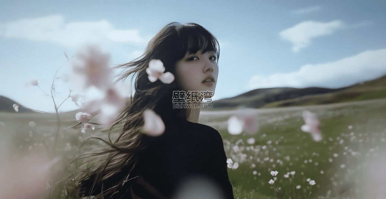 长发美女站在开满粉色花朵的田野中 蓝天和绿色的山丘 4K电脑壁纸