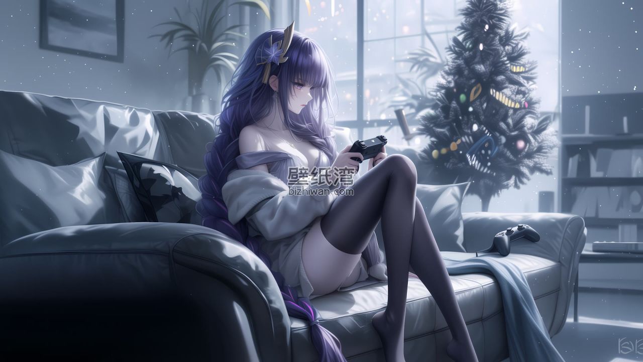 紫色长发的动漫美女穿着黑丝坐在沙发上玩游戏 圣诞树 书架 电脑壁纸