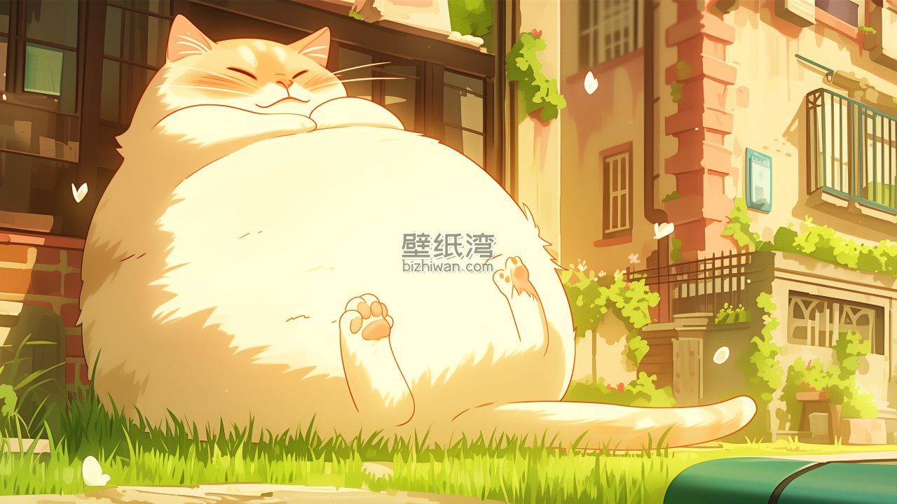 胖乎乎的超大猫咪躺在草地上，靠在欧式建筑上，4K高清电脑壁纸