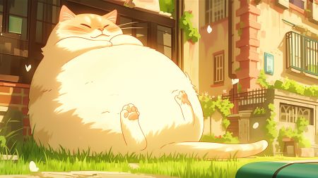 胖乎乎的超大猫咪躺在草地上，靠在欧式建筑上，4K高清电脑壁纸