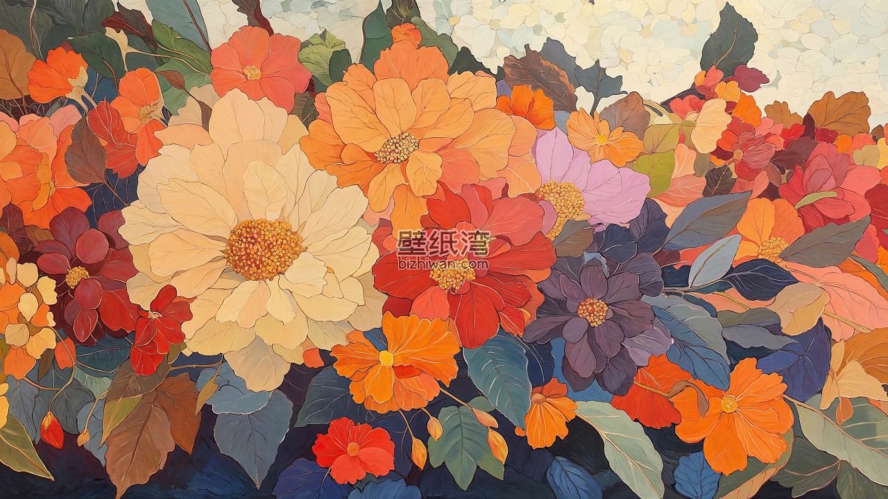 色彩斑斓的花卉艺术画，多种颜色的花朵和叶子 4K桌面壁纸下载