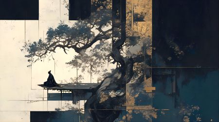 黑白艺术风格的树与人物剪影 8K电脑壁纸图片