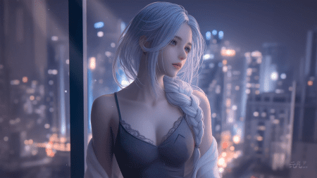 二次元蓝发美女站在窗前 夜晚的城市灯光 4K壁纸