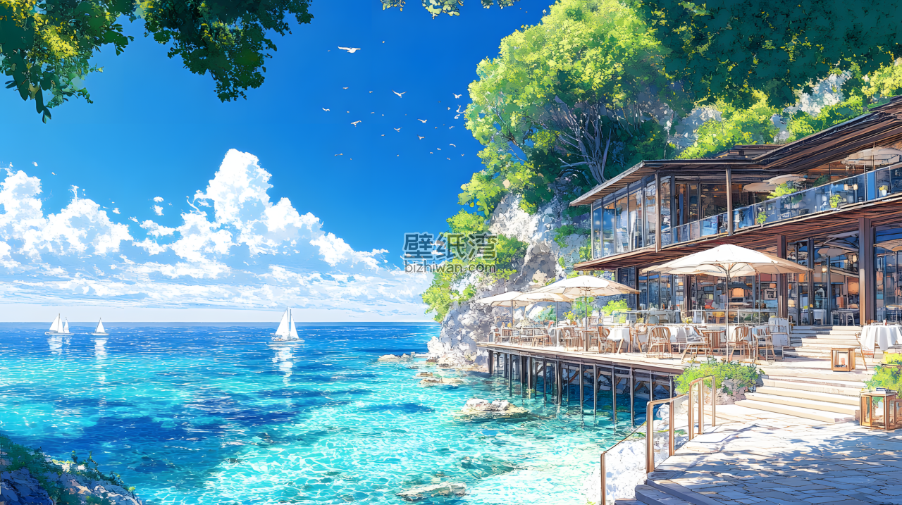 海边度假村的宁静景色，蓝天白云下的海景与餐厅，3K电脑壁纸