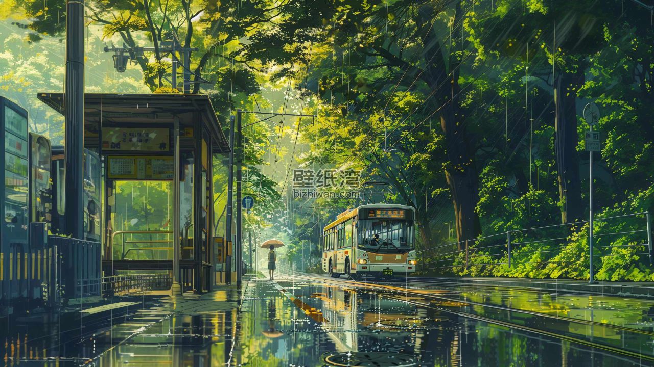雨中森林小径上的公交车站和行驶中的公交车 4K电脑壁纸