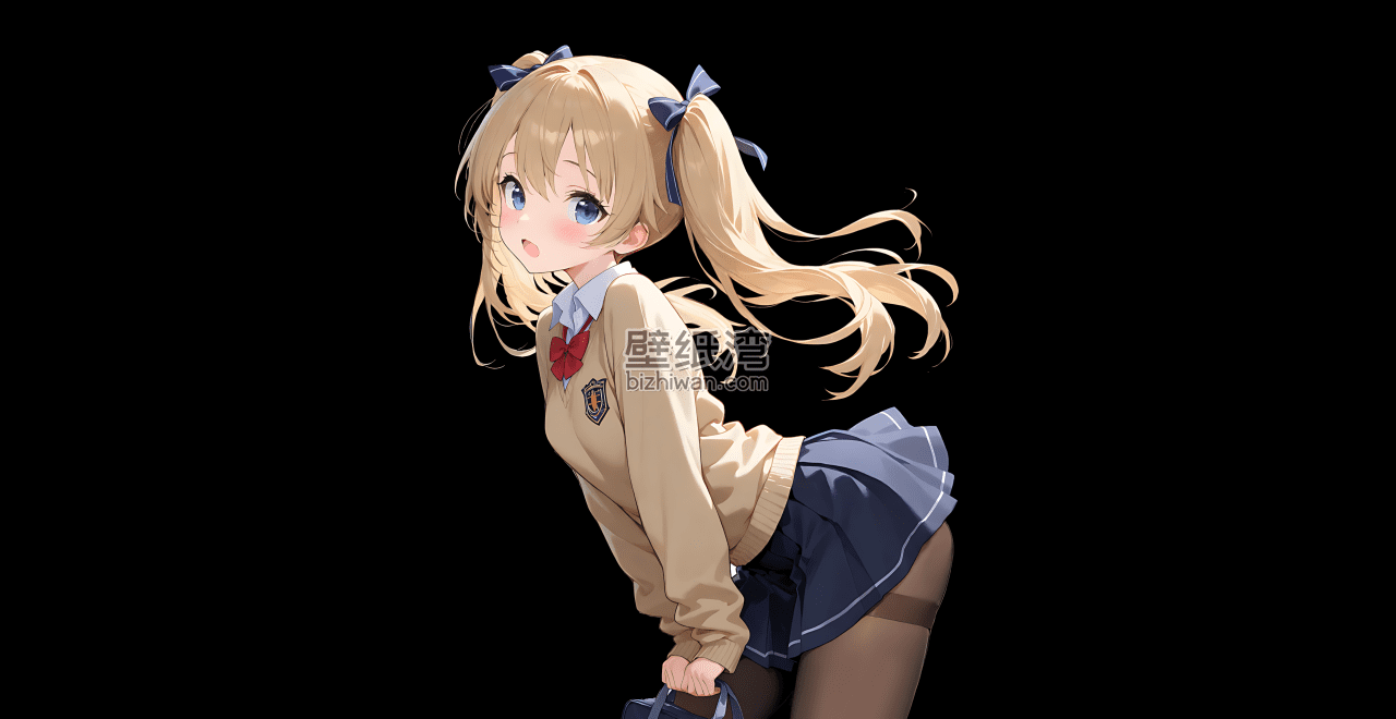 金发双马尾的动漫女孩穿着校服，黑色背景4K壁纸