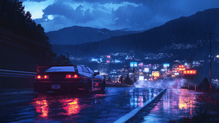 雨夜中的赛车行驶在山路上，灯火通明的城市，4k电脑壁纸
