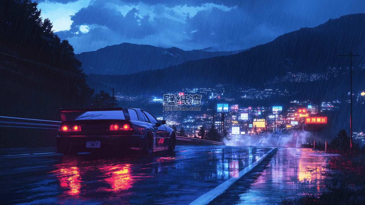 雨夜中的赛车行驶在山路上，灯火通明的城市，4k电脑壁纸