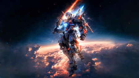 科幻机甲高达在宇宙中飞行，地球和绚丽的云层，4K电脑壁纸图片