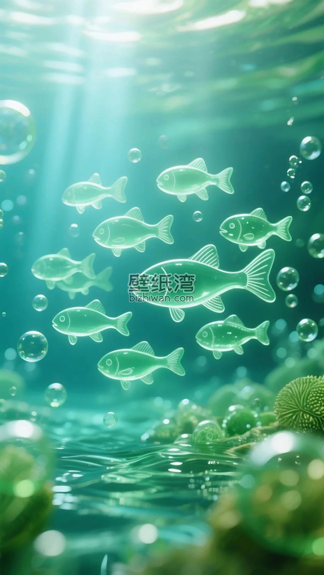 海底世界：一群绿色的鱼在阳光照射下的珊瑚礁中游动