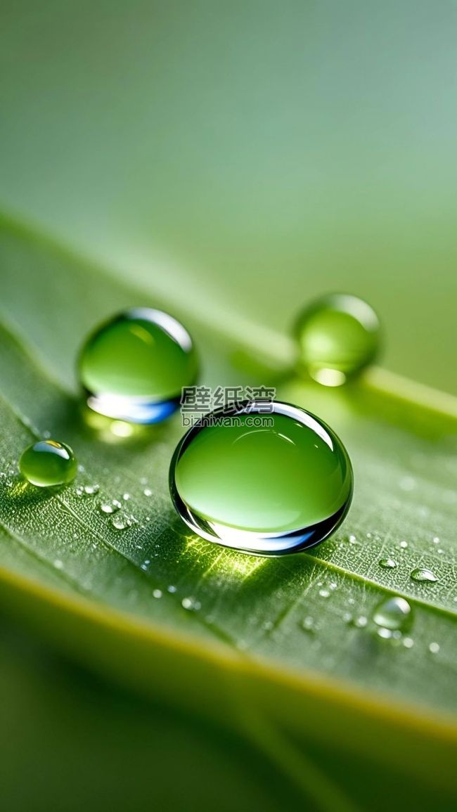 绿叶上的水滴特写 微观景观手机壁纸
