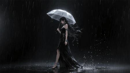 雨夜撑伞的穿着黑色连衣裙的苗条美丽女子 穿着高跟鞋 4K电脑壁纸