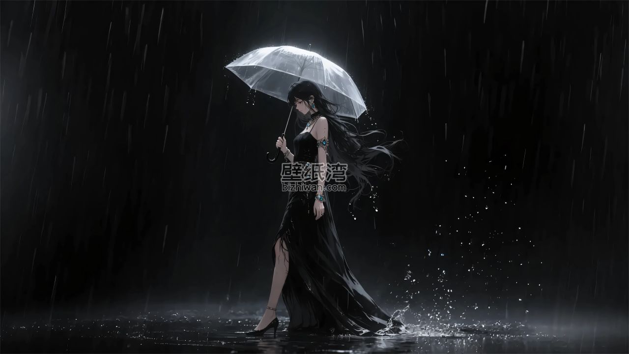 雨夜撑伞的穿着黑色连衣裙的苗条美丽女子 穿着高跟鞋 4K电脑壁纸